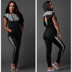 New Puma X Coogi Sweatshirt Jumpsuit Romper Womens XS Black Blue Knitted Hoodie